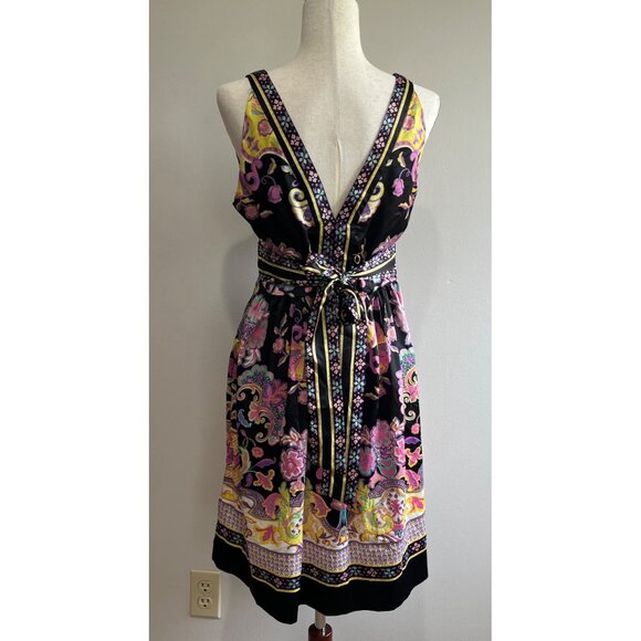 Y2K ICE Satin Sleeveless Fit and Flare Dress Womens 10 Black Floral Print V-Neck - Picture 3 of 6